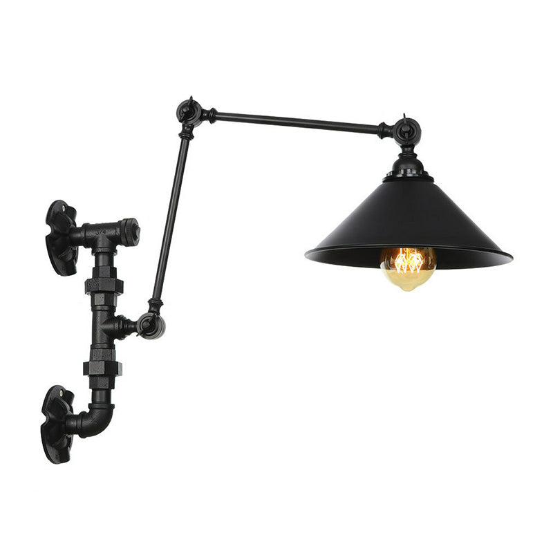 Lisslune | Cone/Flared Living Room Wall Lamp Industrial Iron 1-Light Black Rotatable Wall Lighting with Water Pipe Mount