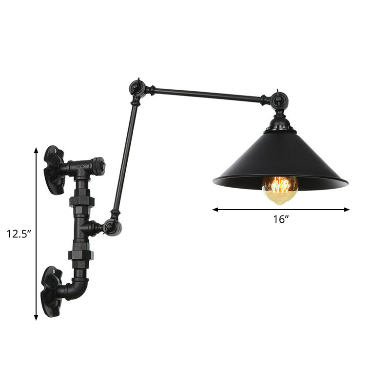 Lisslune | Cone/Flared Living Room Wall Lamp Industrial Iron 1-Light Black Rotatable Wall Lighting with Water Pipe Mount