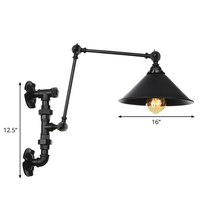 Lisslune | Cone/Flared Living Room Wall Lamp Industrial Iron 1-Light Black Rotatable Wall Lighting with Water Pipe Mount