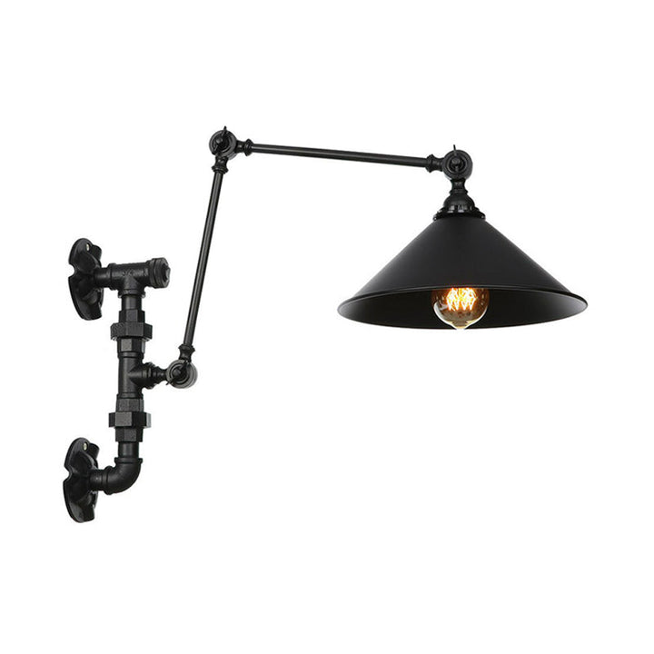 Lisslune | Cone/Flared Living Room Wall Lamp Industrial Iron 1-Light Black Rotatable Wall Lighting with Water Pipe Mount