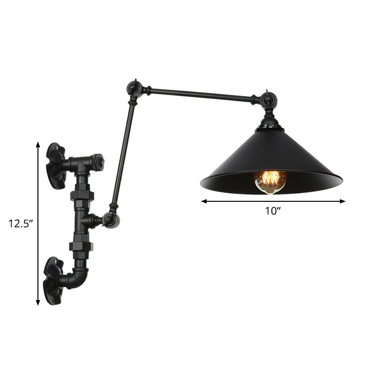 Lisslune | Cone/Flared Living Room Wall Lamp Industrial Iron 1-Light Black Rotatable Wall Lighting with Water Pipe Mount