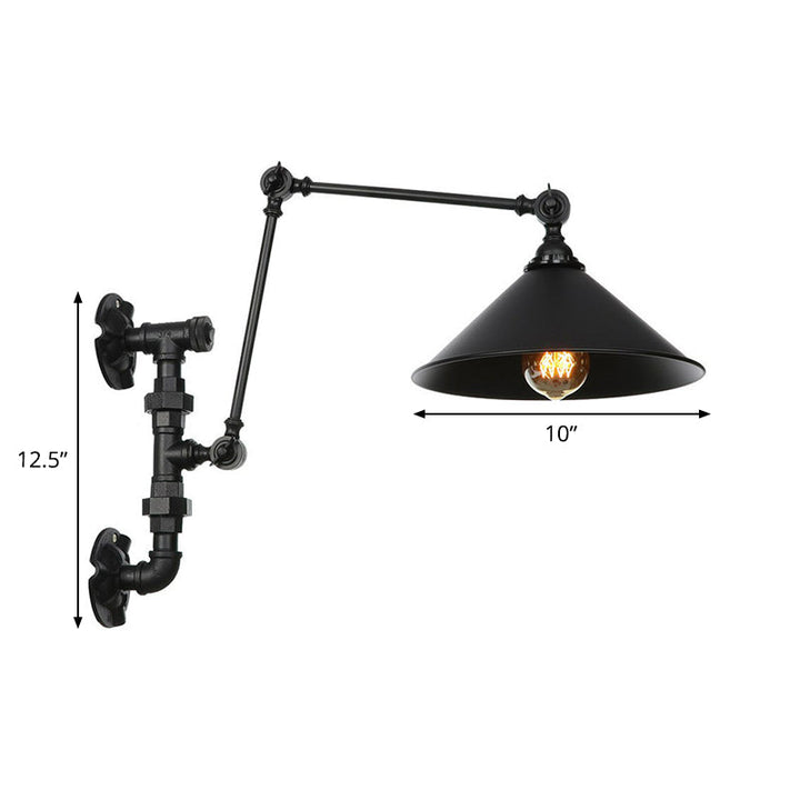 Lisslune | Cone/Flared Living Room Wall Lamp Industrial Iron 1-Light Black Rotatable Wall Lighting with Water Pipe Mount