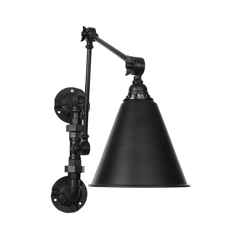 Lisslune | Cone/Flared Living Room Wall Lamp Industrial Iron 1-Light Black Rotatable Wall Lighting with Water Pipe Mount