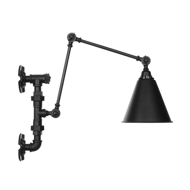 Lisslune | Cone/Flared Living Room Wall Lamp Industrial Iron 1-Light Black Rotatable Wall Lighting with Water Pipe Mount