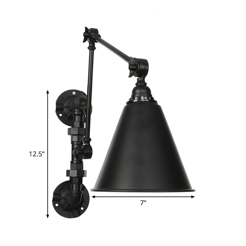 Lisslune | Cone/Flared Living Room Wall Lamp Industrial Iron 1-Light Black Rotatable Wall Lighting with Water Pipe Mount