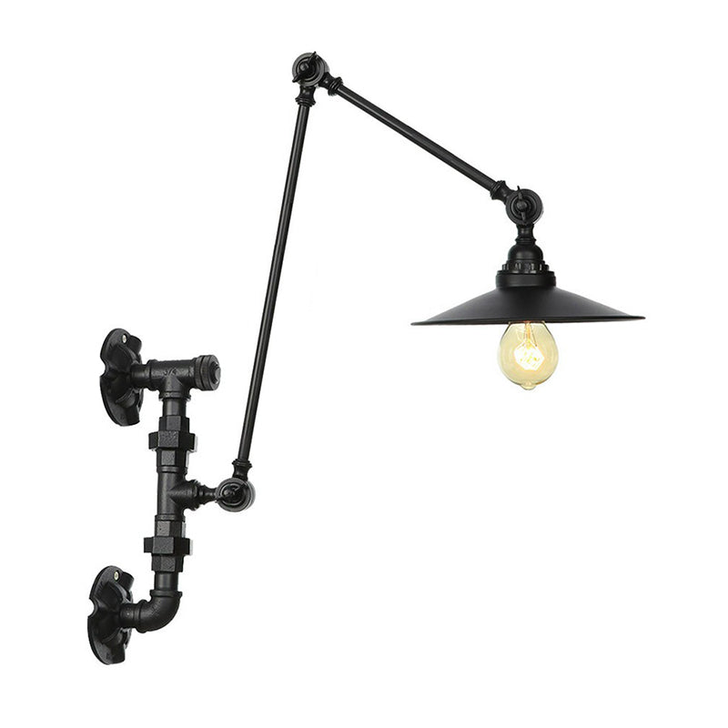 Lisslune | Cone/Flared Living Room Wall Lamp Industrial Iron 1-Light Black Rotatable Wall Lighting with Water Pipe Mount