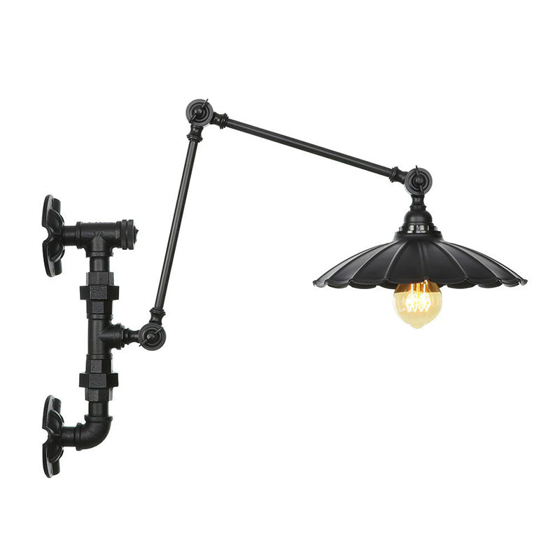 Lisslune | Cone/Flared Living Room Wall Lamp Industrial Iron 1-Light Black Rotatable Wall Lighting with Water Pipe Mount