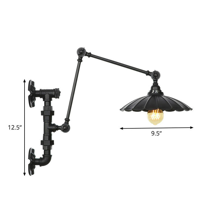 Lisslune | Cone/Flared Living Room Wall Lamp Industrial Iron 1-Light Black Rotatable Wall Lighting with Water Pipe Mount