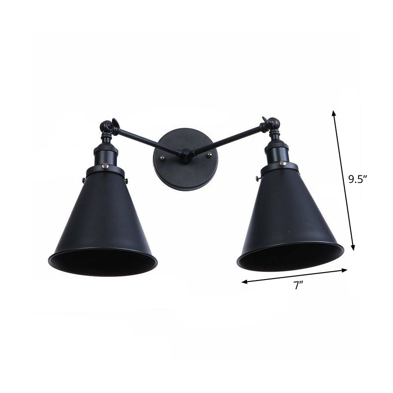Lisslune | 2 Lights Wall Mounted Lamp Retro Cone/Shell Pivot Shade Metal Wall Light in Black for Bathroom
