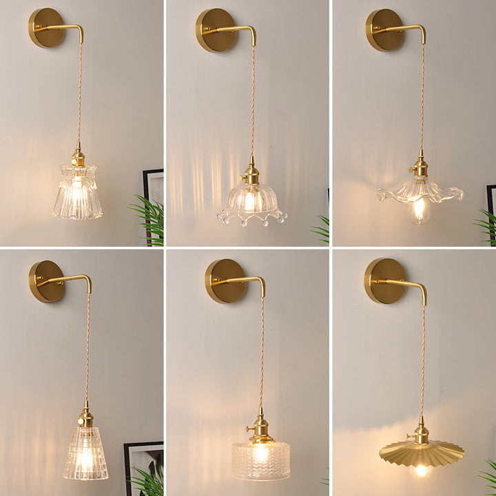 Skørter | Bowl/Cylinder Night Wall Lighting Antique Clear Prism/Wavy Glass 1 Lamp Brass Wall Light with Rotary Switch
