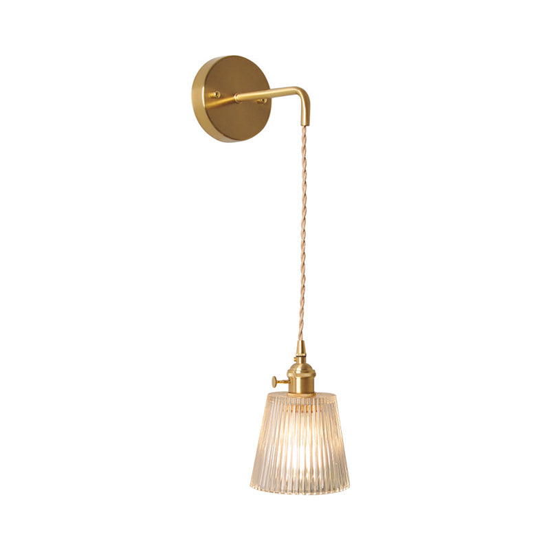Skørter | Bowl/Cylinder Night Wall Lighting Antique Clear Prism/Wavy Glass 1 Lamp Brass Wall Light with Rotary Switch