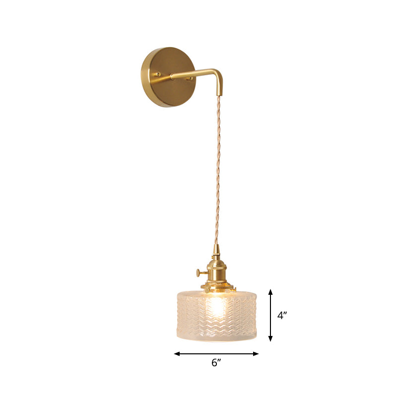 Skørter | Bowl/Cylinder Night Wall Lighting Antique Clear Prism/Wavy Glass 1 Lamp Brass Wall Light with Rotary Switch