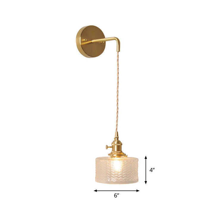 Skørter | Bowl/Cylinder Night Wall Lighting Antique Clear Prism/Wavy Glass 1 Lamp Brass Wall Light with Rotary Switch