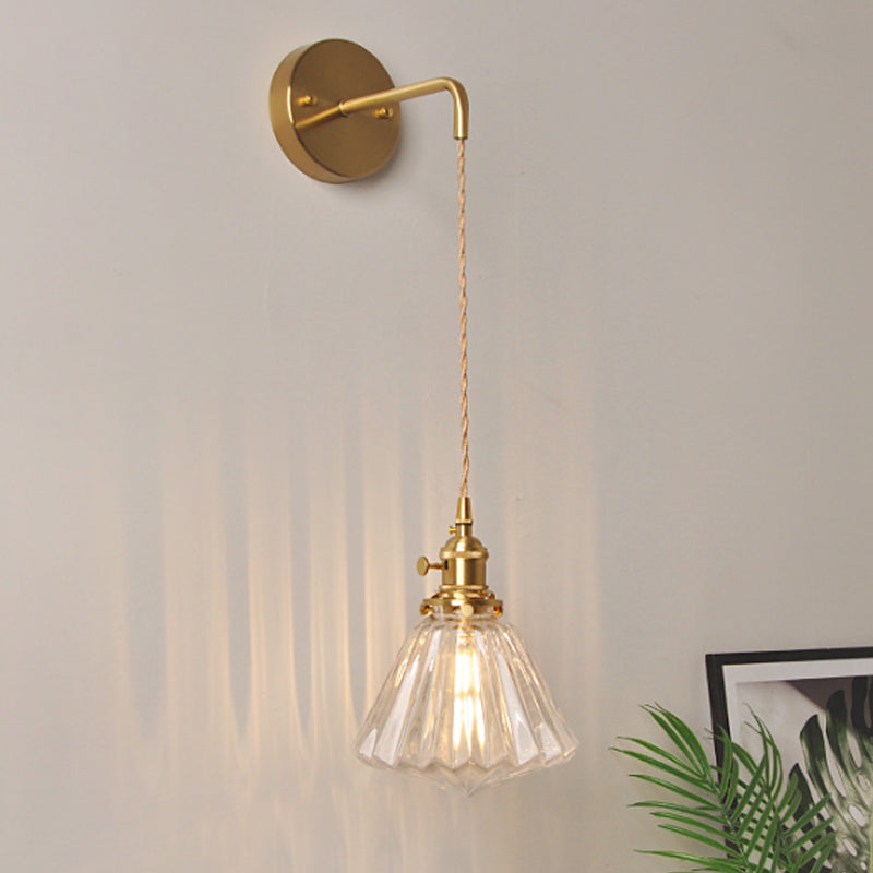 Skørter | Bowl/Cylinder Night Wall Lighting Antique Clear Prism/Wavy Glass 1 Lamp Brass Wall Light with Rotary Switch