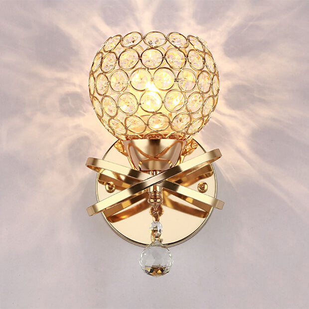 Lisslune | Cross arm globe neck metal umbrella wall lamp crystal wall lamp in gold with hanging crystal ball