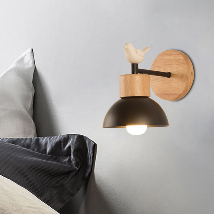 Skørter | Nordic Style Wall Lamp Dome 1 Bulb Metal & Wood Wall Light with Bird for Children's Room