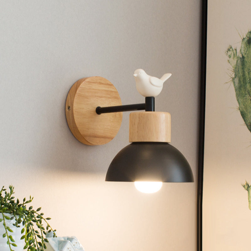 Skørter | Nordic Style Wall Lamp Dome 1 Bulb Metal & Wood Wall Light with Bird for Children's Room