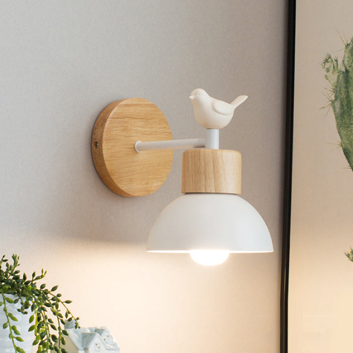 Skørter | Nordic Style Wall Lamp Dome 1 Bulb Metal & Wood Wall Light with Bird for Children's Room