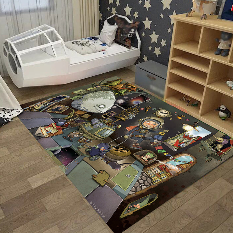 Lisslune | Cool Kids Rug Dark Color Fantasy World Area Rug Non-Slip Backing Washable Rug for Kids Room