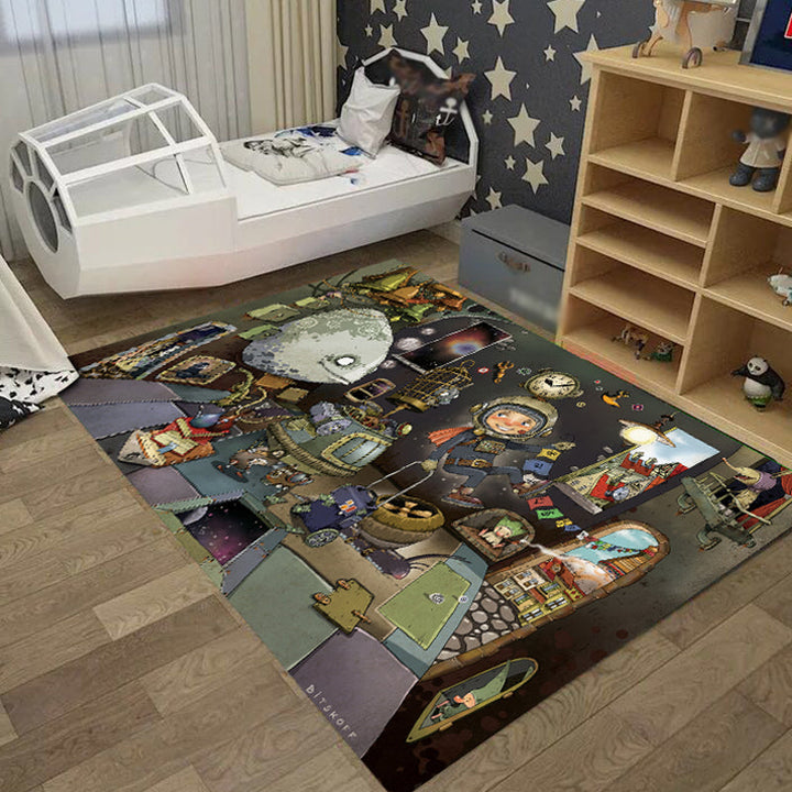 Lisslune | Cool Kids Rug Dark Color Fantasy World Area Rug Non-Slip Backing Washable Rug for Kids Room