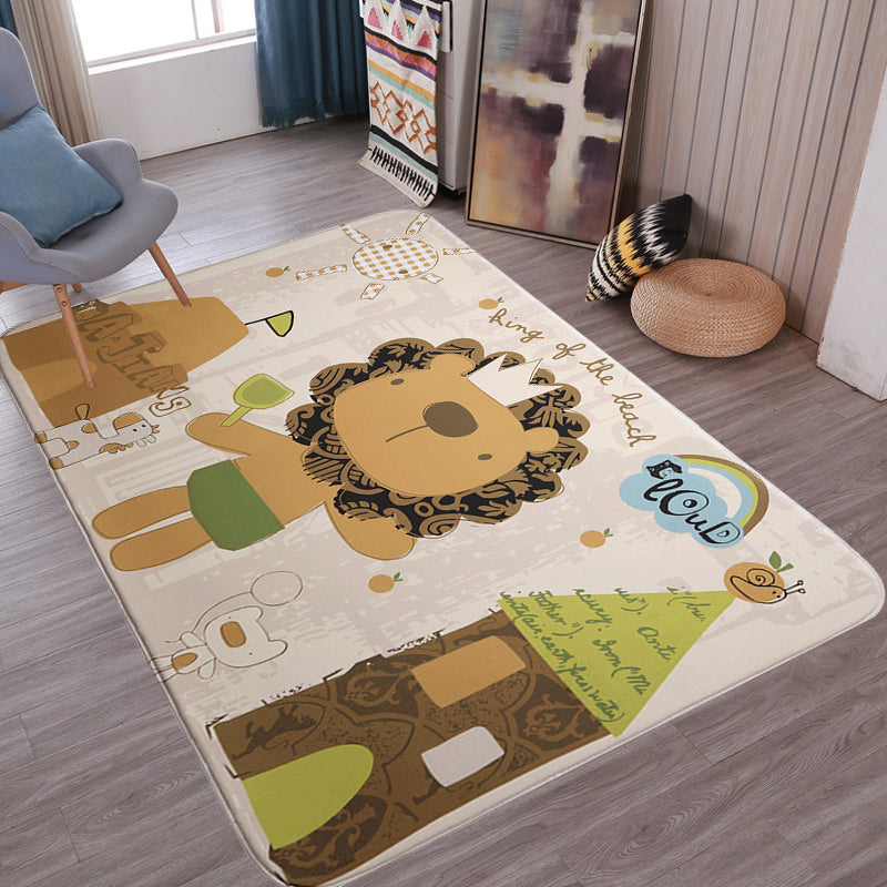 Lisslune | Multicolor Wild Animal Rug with Writings Polyester Cartoon Rug Pet Friendly Non-Slip Mat Rug for Kids Room
