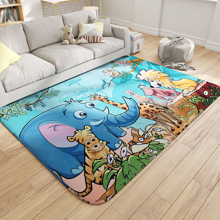 Lisslune | Multicolor Wild Animal Rug with Writings Polyester Cartoon Rug Pet Friendly Non-Slip Mat Rug for Kids Room