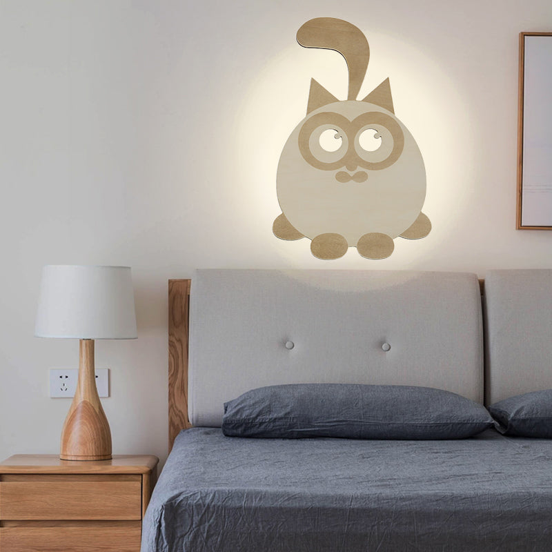 Skørter | Round Cat Wall Light Animal Wood LED Wall Lighting for Boys Girls Bedroom