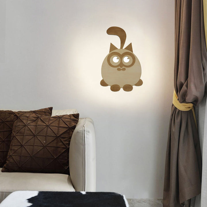 Skørter | Round Cat Wall Light Animal Wood LED Wall Lighting for Boys Girls Bedroom