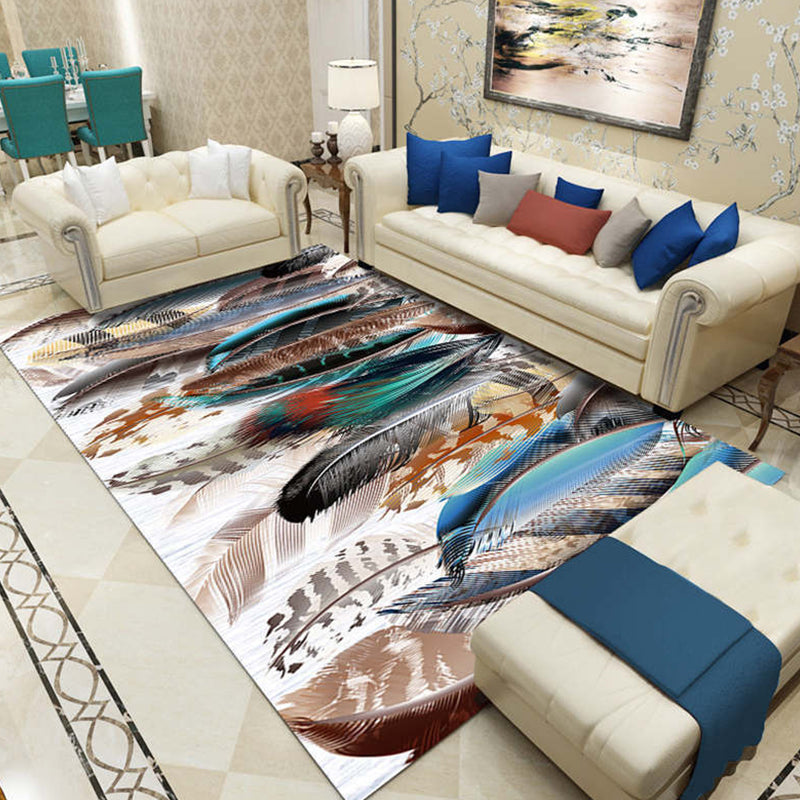 Lisslune | Multi-Color Living Room Rug Tropical Leaf and Feather Design Rug Polyester Pet-Friendly Washable Non-Slip Rug