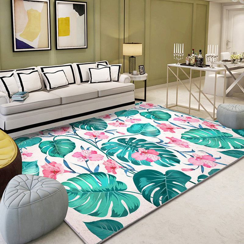 Lisslune | Tropical Leaf Pattern Carpet Green Polyester Carpet Machine Washable Non-slip Back Interior Carpet for the Living Room