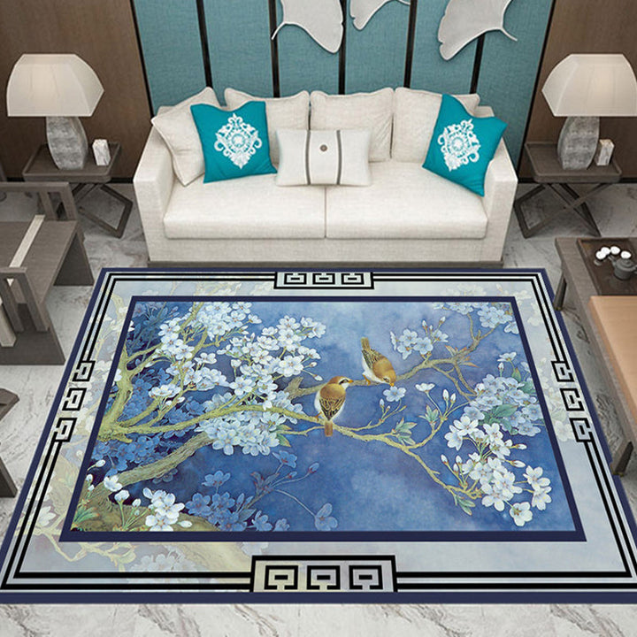 Lisslune | Classic Multicolored Oriental Carpet Polyester Branch and Bird Pattern Carpet Washable Pet Friendly Non-Slip Rug for the Living Room