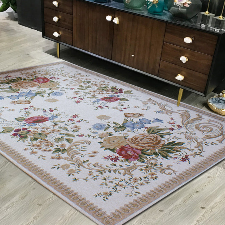 Lisslune | Traditional Flower Pattern Carpet Khaki Retro Carpet Polyester Washable Pet Friendly Non-Slip Back Area Rug for Living Room