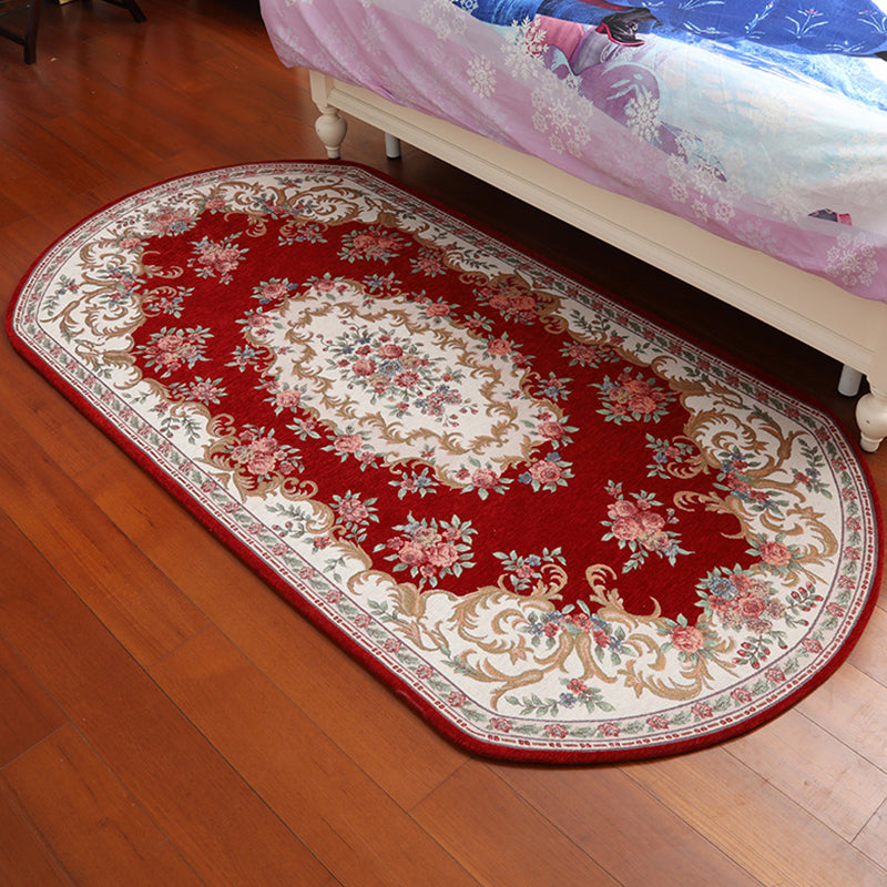 Lisslune | Retro Flower Pattern Carpet Red and Black Polyester Indoor Carpet Washable Non-slip Back Indoor Carpet for Bedroom