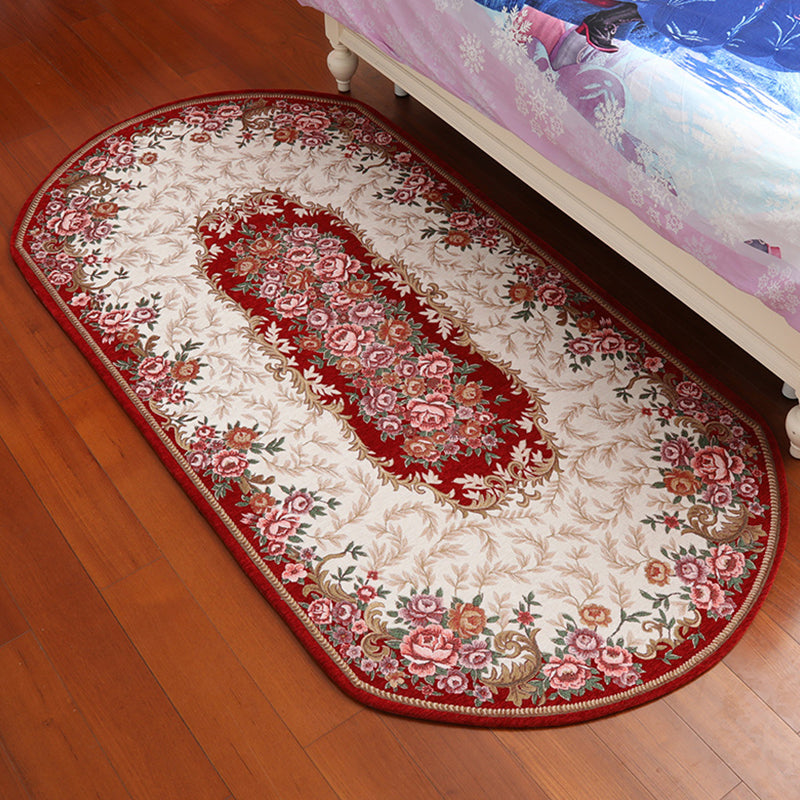 Lisslune | Retro Flower Pattern Carpet Red and Black Polyester Indoor Carpet Washable Non-slip Back Indoor Carpet for Bedroom