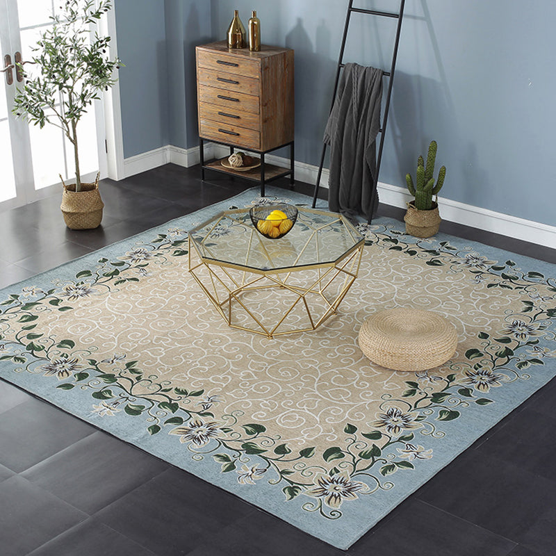 Lisslune | Blue Living Room Carpet Vintage Leaf Pattern Indoor Carpet Polyester Pet Friendly Washable Non-Slip Back Carpet