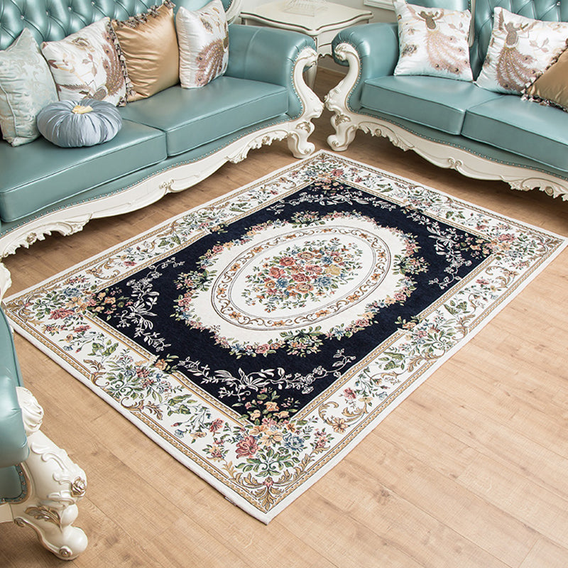 Lisslune | Retro Bud Pattern Carpet Red and Blue Polyester Carpet Washable Non-Slip Back Indoor Carpet for Living Room