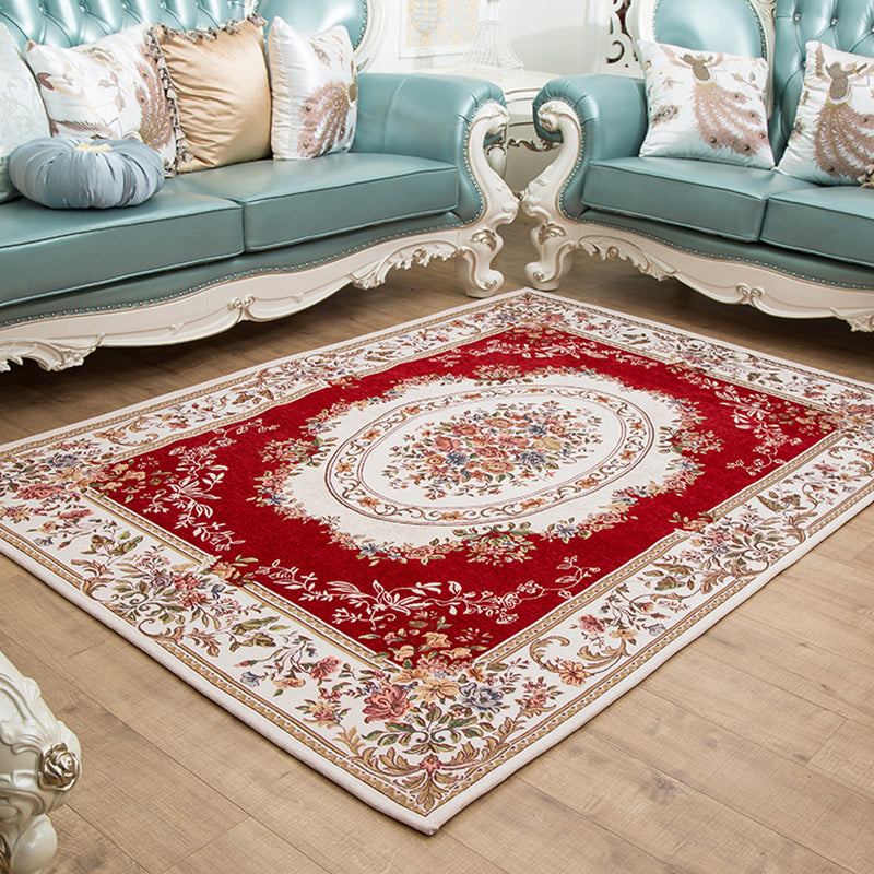Lisslune | Retro Bud Pattern Carpet Red and Blue Polyester Carpet Washable Non-Slip Back Indoor Carpet for Living Room
