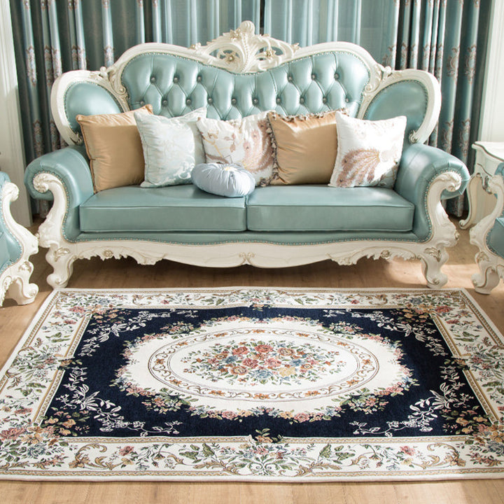 Lisslune | Retro Bud Pattern Carpet Red and Blue Polyester Carpet Washable Non-Slip Back Indoor Carpet for Living Room