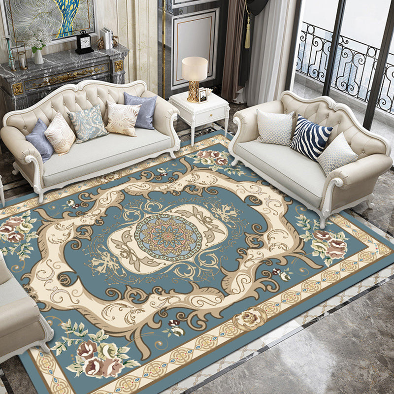 Lisslune | Traditional floral pattern carpet blue and red retro carpet washable pet friendly non-slip rug for living room