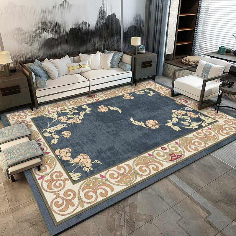 Lisslune | Traditional floral pattern carpet blue and red retro carpet washable pet friendly non-slip rug for living room