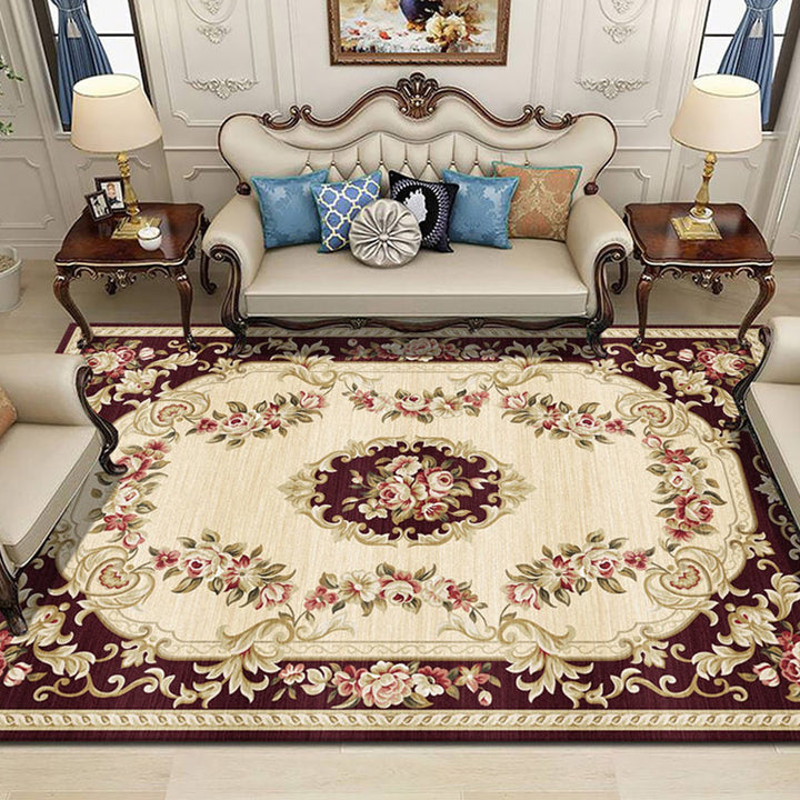 Lisslune | Traditional floral pattern carpet blue and red retro carpet washable pet friendly non-slip rug for living room