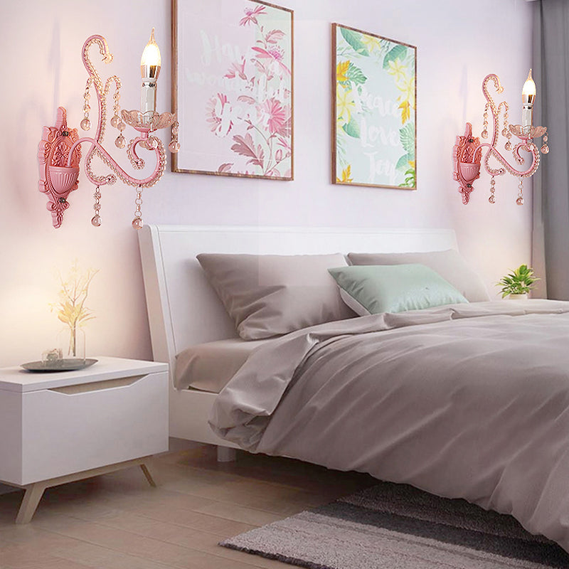 Lisslune | Metallic Scroll Arm Wall Lamp Modernistic 1/2 Lights Wall Light with Crystal Berry Deco in Pink