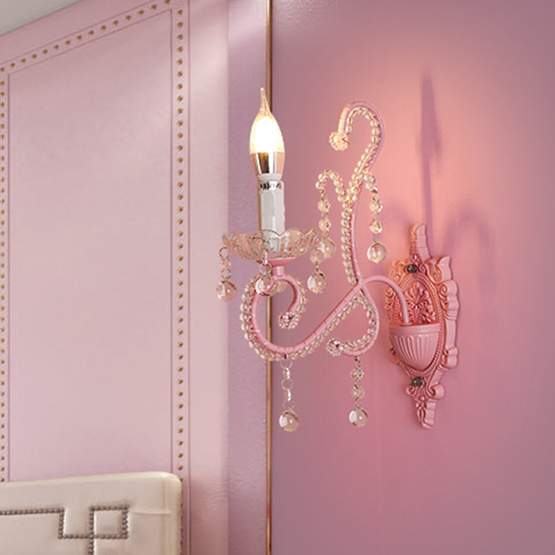 Lisslune | Metallic Scroll Arm Wall Lamp Modernistic 1/2 Lights Wall Light with Crystal Berry Deco in Pink