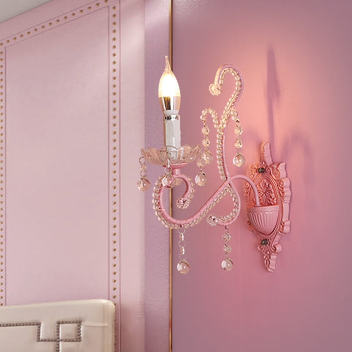 Lisslune | Metallic Scroll Arm Wall Lamp Modernistic 1/2 Lights Wall Light with Crystal Berry Deco in Pink