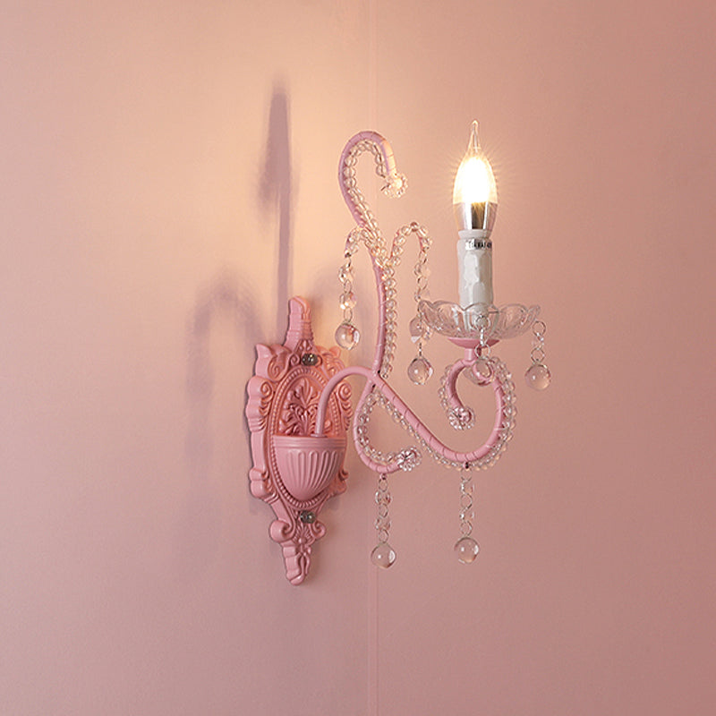 Lisslune | Metallic Scroll Arm Wall Lamp Modernistic 1/2 Lights Wall Light with Crystal Berry Deco in Pink