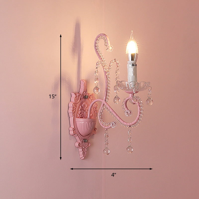Lisslune | Metallic Scroll Arm Wall Lamp Modernistic 1/2 Lights Wall Light with Crystal Berry Deco in Pink
