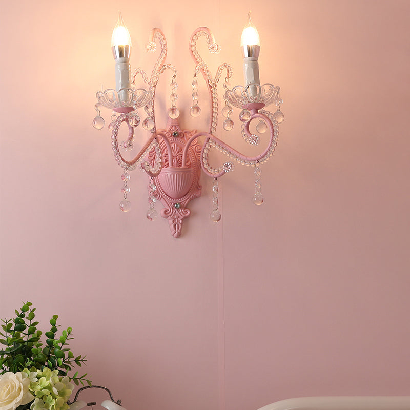 Lisslune | Metallic Scroll Arm Wall Lamp Modernistic 1/2 Lights Wall Light with Crystal Berry Deco in Pink