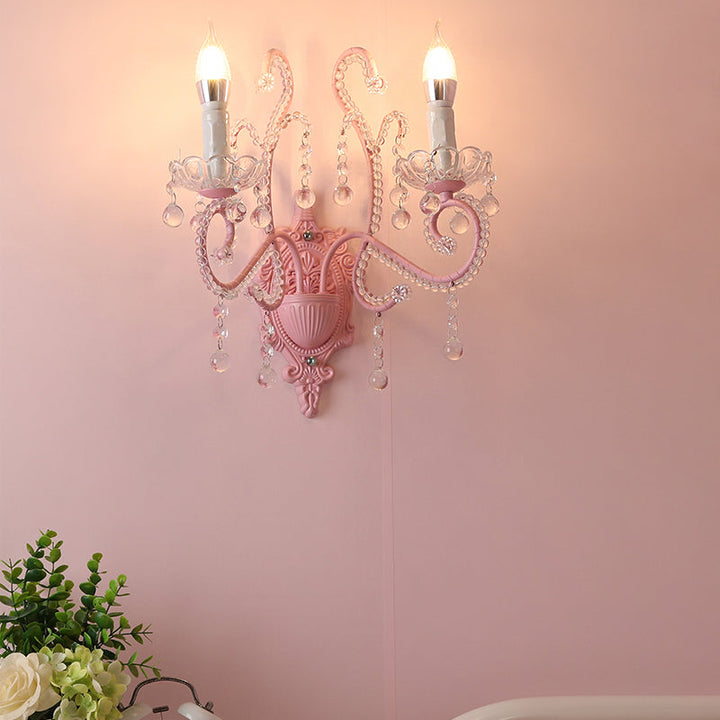 Lisslune | Metallic Scroll Arm Wall Lamp Modernistic 1/2 Lights Wall Light with Crystal Berry Deco in Pink
