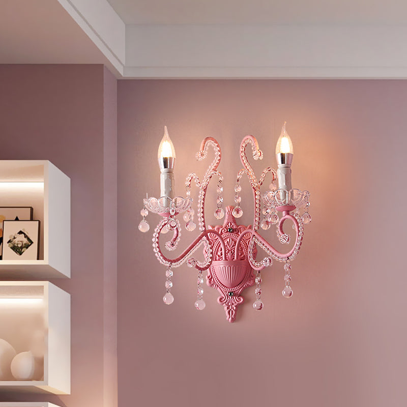 Lisslune | Metallic Scroll Arm Wall Lamp Modernistic 1/2 Lights Wall Light with Crystal Berry Deco in Pink