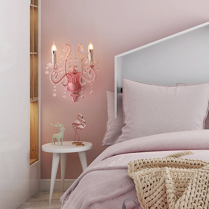 Lisslune | Metallic Scroll Arm Wall Lamp Modernistic 1/2 Lights Wall Light with Crystal Berry Deco in Pink